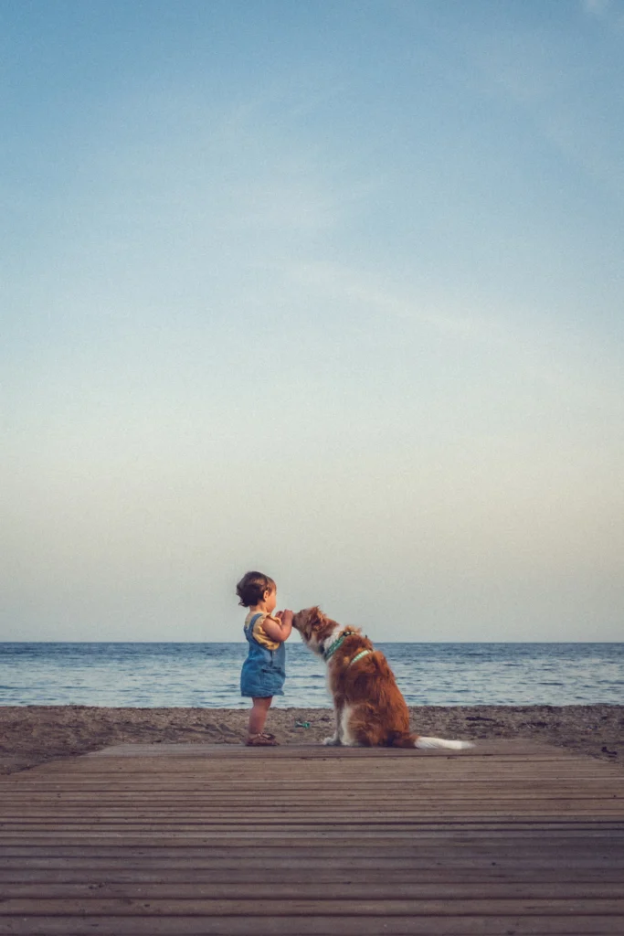 Una niña y un perro en la playa en una sesión de fotografia de mascotas en Murcia. Fotografos de Mascotas Murcia